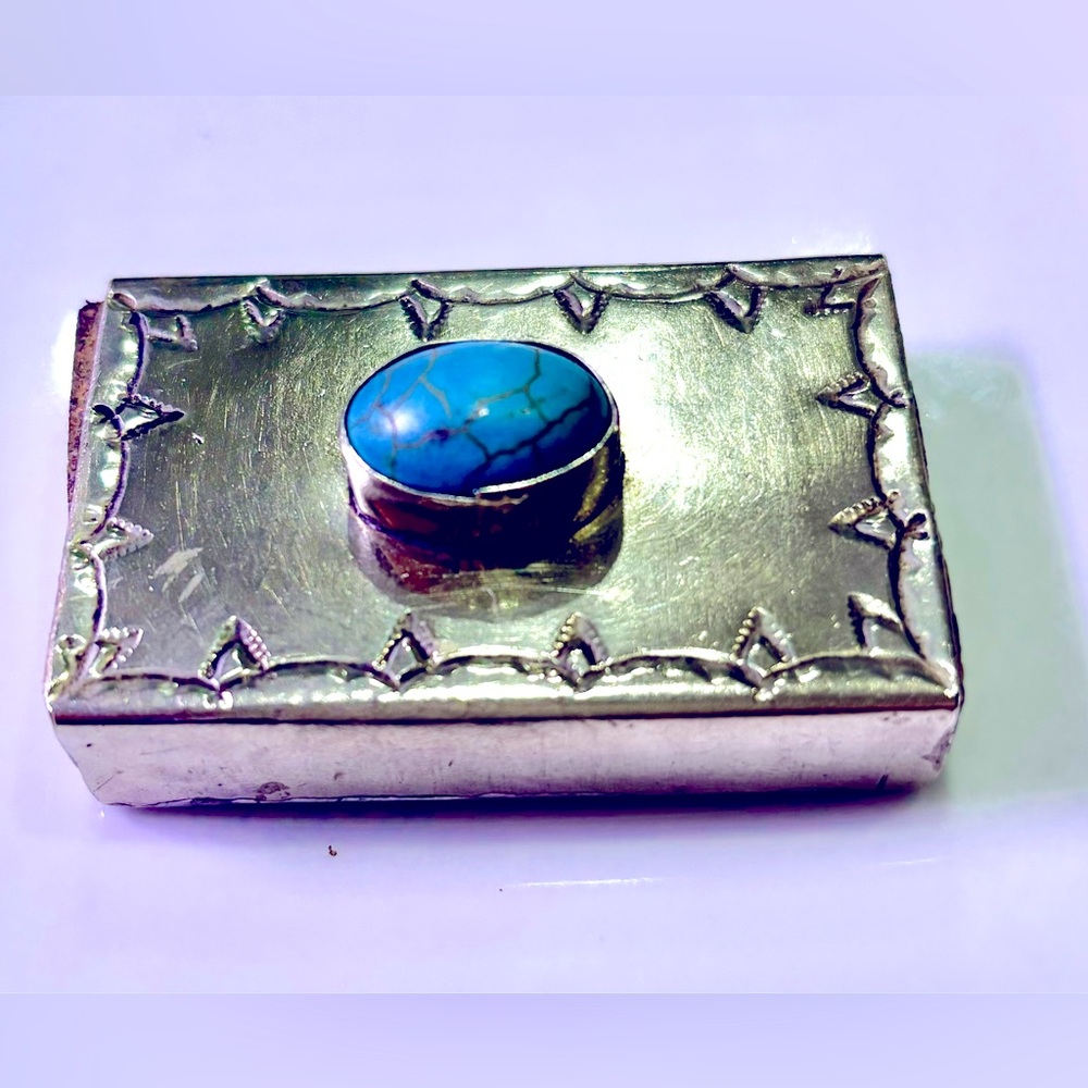 Hand Stamped Silver and Turquoise Matchbox Holder. Designed by Jason Lenox